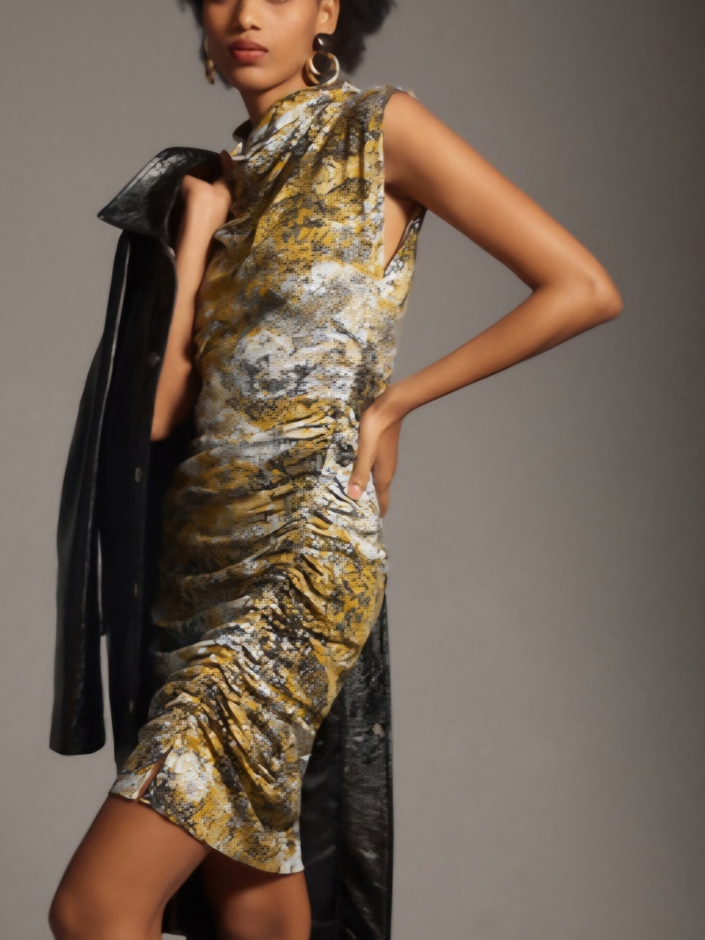 Anthropologie One-Shoulder Ruched Dress in Mustard, Gray and White Print